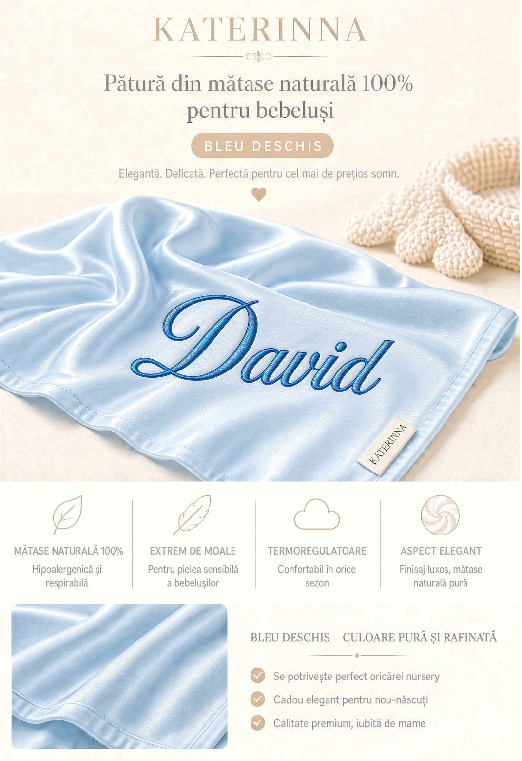 Păturică 100*120 cm din Mătase Naturală de dud, Katerinna 19 momme 6 A calitate premium. Certificată OEKO-TEX® Standard 100 - imagine 5