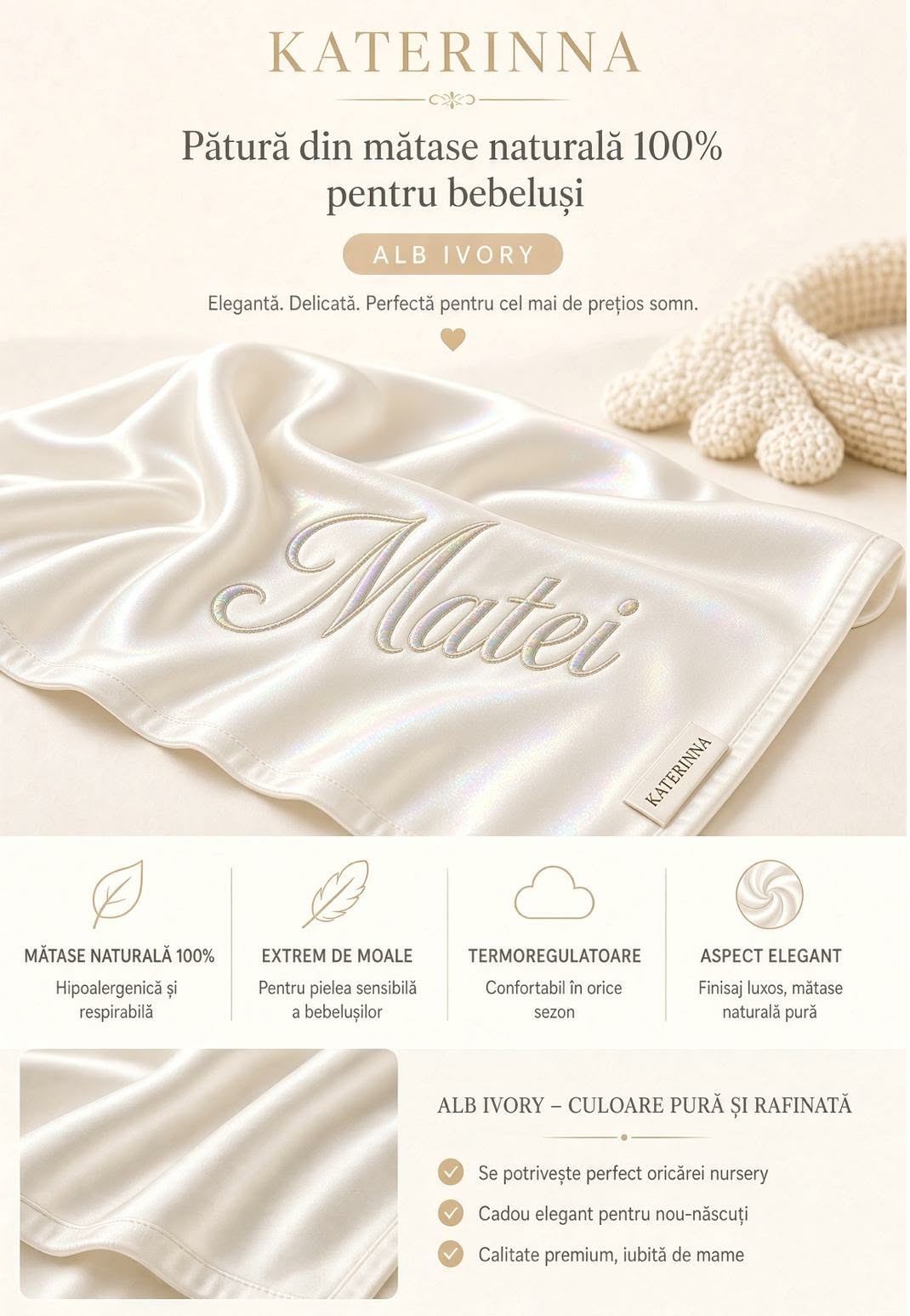 Păturică 100*120 cm din Mătase Naturală de dud, Katerinna 19 momme 6 A calitate premium. Certificată OEKO-TEX® Standard 100 - imagine 6