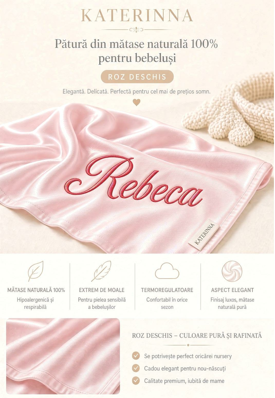 Păturică 100*120 cm din Mătase Naturală de dud, Katerinna 19 momme 6 A calitate premium. Certificată OEKO-TEX® Standard 100 - imagine 4